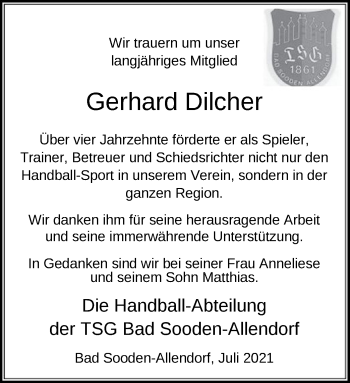 Todesanzeige von Gerhard Dilcher von HNA