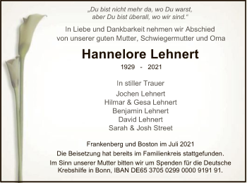 Todesanzeige von Hannelore Lehnert von HNA