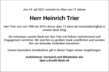 Todesanzeige von Heinrich Trier von HNA