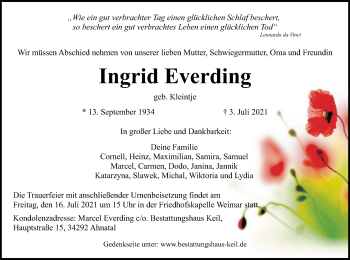 Todesanzeige von Ingrid Everding von HNA