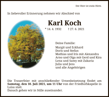 Todesanzeige von Karl Koch von HNA