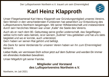 Todesanzeige von Karl Heinz Klapproth von HNA