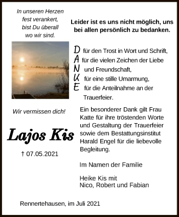Todesanzeige von Lajos Kis von HNA