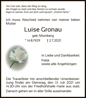 Todesanzeige von Luise Gronau von HNA