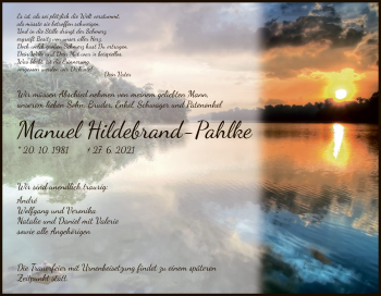 Todesanzeige von Manuel Hildebrand-Pahlke von HNA