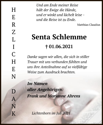 Todesanzeige von Senta Schlemme von HNA