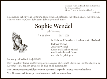 Todesanzeige von Sophie Wendel von HNA