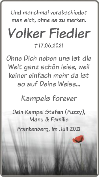 Todesanzeige von Volker Fiedler von HNA