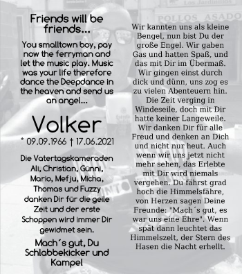 Todesanzeige von Volker Fiedler von HNA