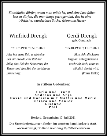 Todesanzeige von Winfried und Gerdi Drengk von HNA