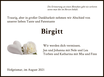 Todesanzeige von Birgitt  von HNA