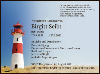 Todesanzeige von Birgitt Seibt von HNA
