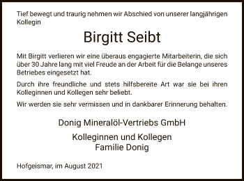 Todesanzeige von Birgitt Seibt von HNA