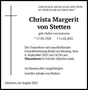 Todesanzeige von Christa Margerit von Stetten von HNA