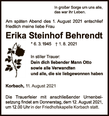 Todesanzeige von Erika Steinhof Behrendt von HNA