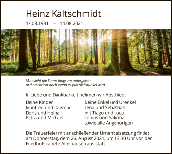 Todesanzeige von Heinz Kaltschmidt von HNA