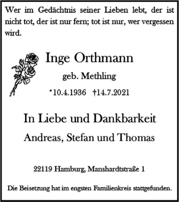 Todesanzeige von Inge Ortmann von HNA