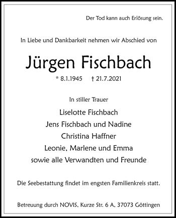 Todesanzeige von Jürgen Fischbach von HNA