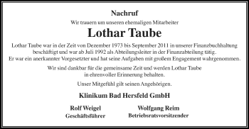 Todesanzeige von Lothar Taube von HNA