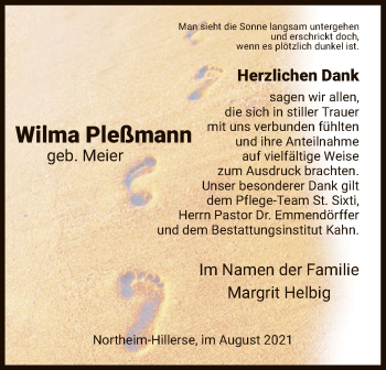 Todesanzeige von Wilma Pleßmannund von HNA