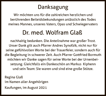 Todesanzeige von Wolfram Glaß von HNA
