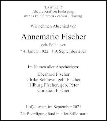 Todesanzeige von Annemarie Fischer von HNA