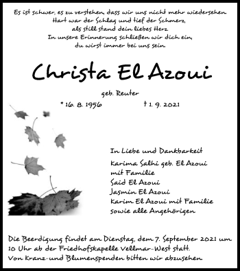 Todesanzeige von Christa El Azoui von HNA