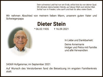 Todesanzeige von Dieter Stein von HNA