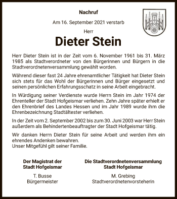Todesanzeige von Dieter Stein von HNA