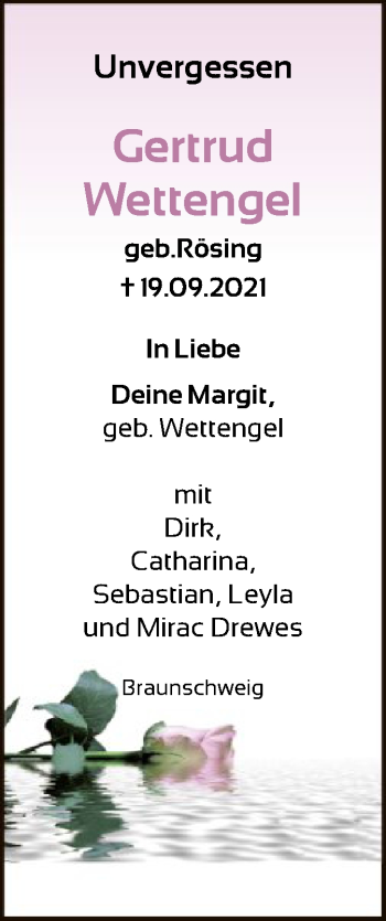 Todesanzeige von Gertrud Wettengel von HNA
