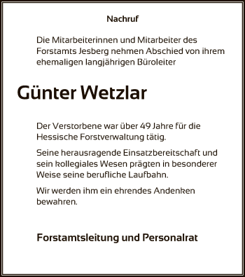Todesanzeige von Günter Wetzlar von HNA