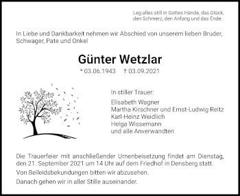 Todesanzeige von Günter Wetzlar von HNA