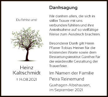 Todesanzeige von Heinz Kaltschmidt von HNA