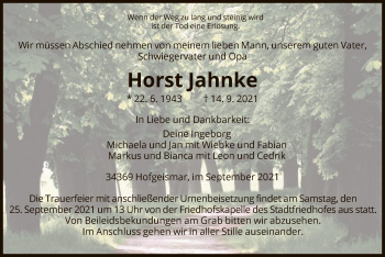 Todesanzeige von Horst Jahnke von HNA