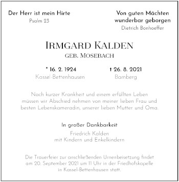 Todesanzeige von Irmgard Kalden von HNA