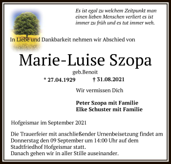 Todesanzeige von Marie-Luise Szopa von HNA
