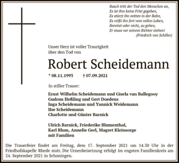 Todesanzeige von Robert Scheidemann von HNA