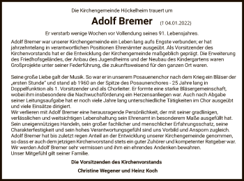 Todesanzeige von Adolf Bremer von HNA
