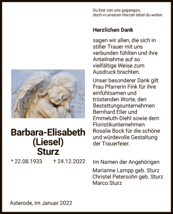 Todesanzeige von Barbara-Elisabeth Sturz von HNA