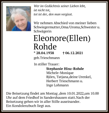 Todesanzeige von Eleonore Rohde von HNA