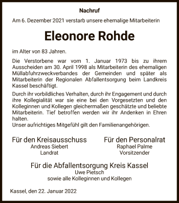 Todesanzeige von Eleonore Rohde von HNA
