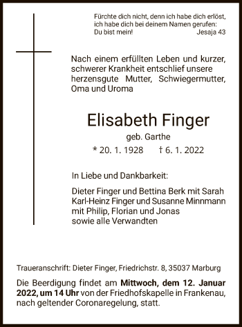 Todesanzeige von Elisabeth Finger von HNA