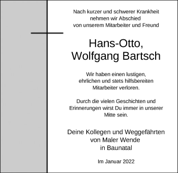 Todesanzeige von Hans-Otto Wolfgang Bartsch von HNA