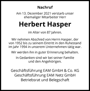 Todesanzeige von Herbert Hasper von HNA