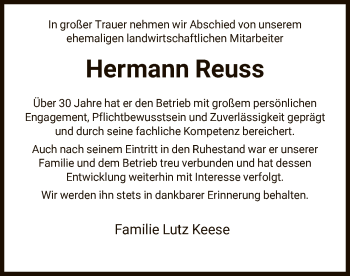 Todesanzeige von Hermann Reuss von HNA