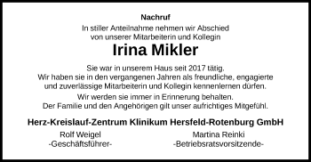 Todesanzeige von Irina Mikler von HNA