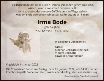 Todesanzeige von Irma Bode von HNA