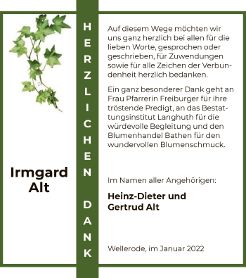 Todesanzeige von Irmgard Alt von HNA