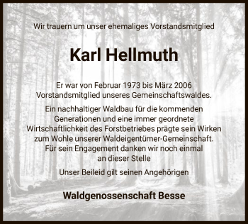 Todesanzeige von Karl Hellmuth von HNA
