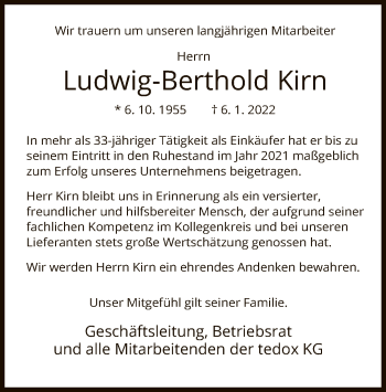 Todesanzeige von Ludwig-Berthold Kirn von HNA
